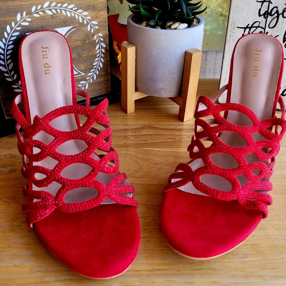 Jiu Du Red Crystal Open Toe Heels